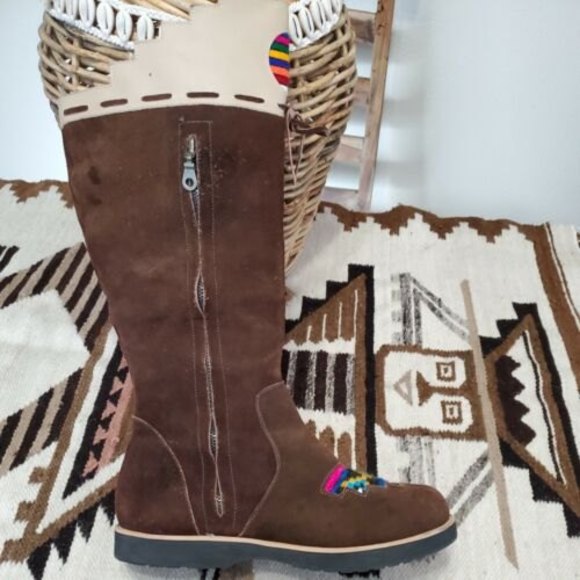Fortress of Inca Tall Boots Suede Brown Motifs Tribal Boho Hippie Women 7 Peru - Picture 8 of 12